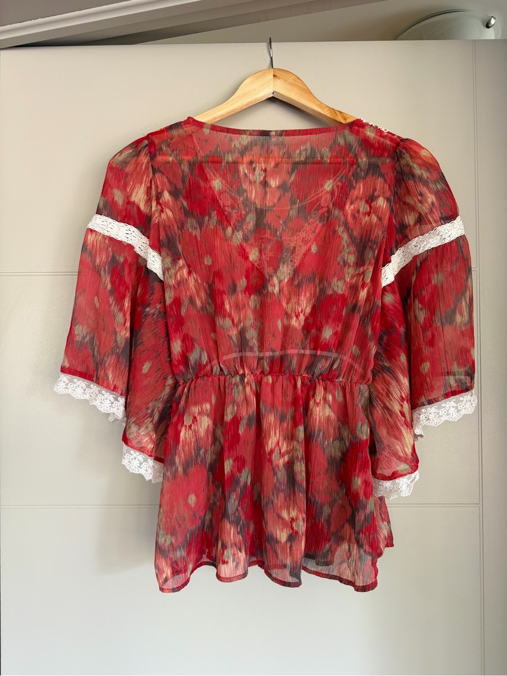 Free People Crimson Floral Lace-Trim Peasant Blouse - Picture 3 of 8